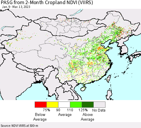 China, Mongolia and Taiwan PASG from 2-Month Cropland NDVI (VIIRS) Thematic Map For 3/6/2023 - 3/13/2023