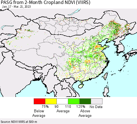 China, Mongolia and Taiwan PASG from 2-Month Cropland NDVI (VIIRS) Thematic Map For 3/14/2023 - 3/21/2023