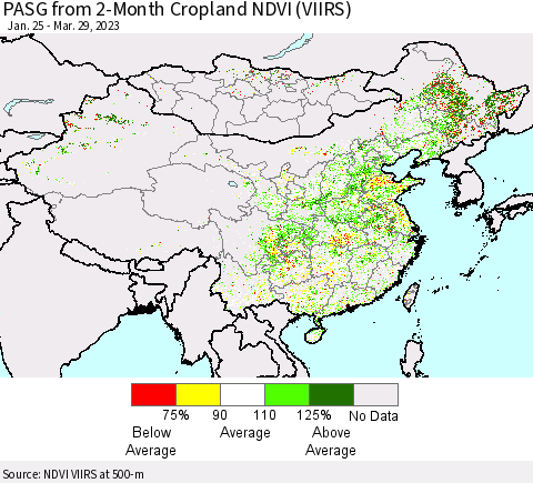 China, Mongolia and Taiwan PASG from 2-Month Cropland NDVI (VIIRS) Thematic Map For 3/22/2023 - 3/29/2023
