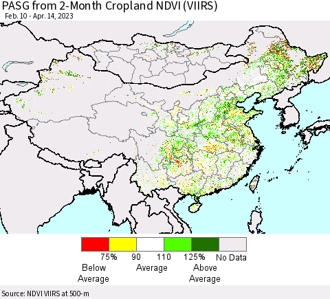 China, Mongolia and Taiwan PASG from 2-Month Cropland NDVI (VIIRS) Thematic Map For 4/7/2023 - 4/14/2023