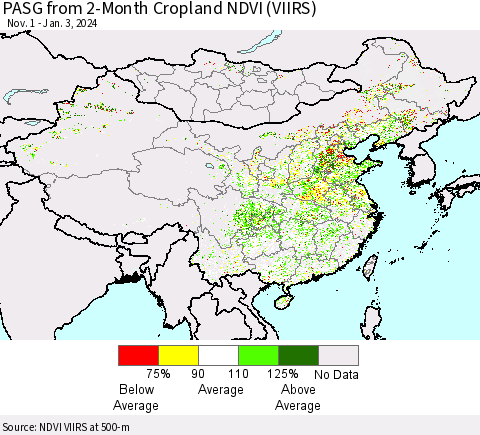 China, Mongolia and Taiwan PASG from 2-Month Cropland NDVI (VIIRS) Thematic Map For 12/27/2023 - 1/3/2024