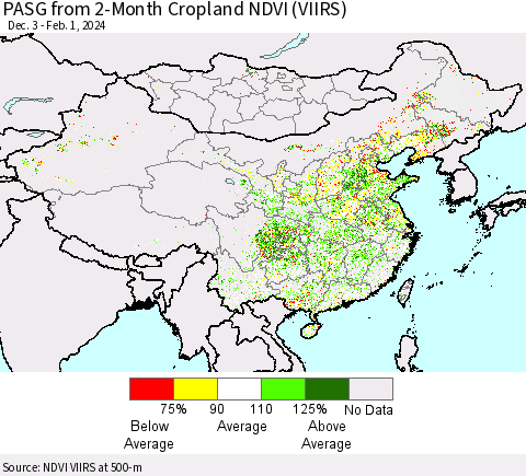 China, Mongolia and Taiwan PASG from 2-Month Cropland NDVI (VIIRS) Thematic Map For 1/25/2024 - 2/1/2024