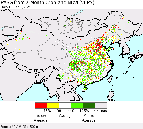 China, Mongolia and Taiwan PASG from 2-Month Cropland NDVI (VIIRS) Thematic Map For 2/2/2024 - 2/9/2024
