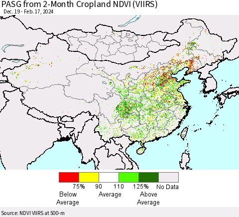 China, Mongolia and Taiwan PASG from 2-Month Cropland NDVI (VIIRS) Thematic Map For 2/10/2024 - 2/17/2024