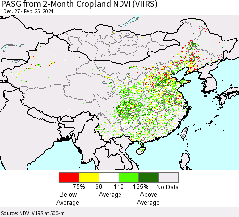 China, Mongolia and Taiwan PASG from 2-Month Cropland NDVI (VIIRS) Thematic Map For 2/18/2024 - 2/25/2024