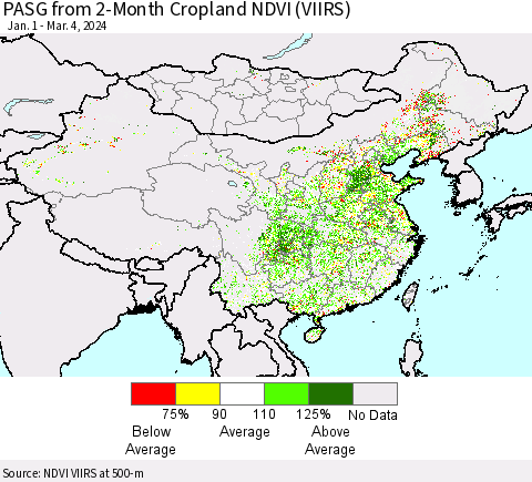 China, Mongolia and Taiwan PASG from 2-Month Cropland NDVI (VIIRS) Thematic Map For 2/26/2024 - 3/4/2024