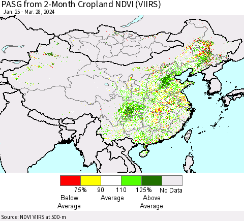 China, Mongolia and Taiwan PASG from 2-Month Cropland NDVI (VIIRS) Thematic Map For 3/21/2024 - 3/28/2024