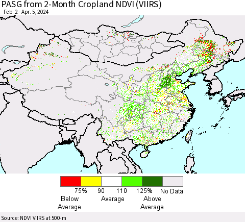 China, Mongolia and Taiwan PASG from 2-Month Cropland NDVI (VIIRS) Thematic Map For 3/29/2024 - 4/5/2024