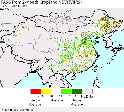 China, Mongolia and Taiwan PASG from 2-Month Cropland NDVI (VIIRS) Thematic Map For 4/6/2024 - 4/13/2024