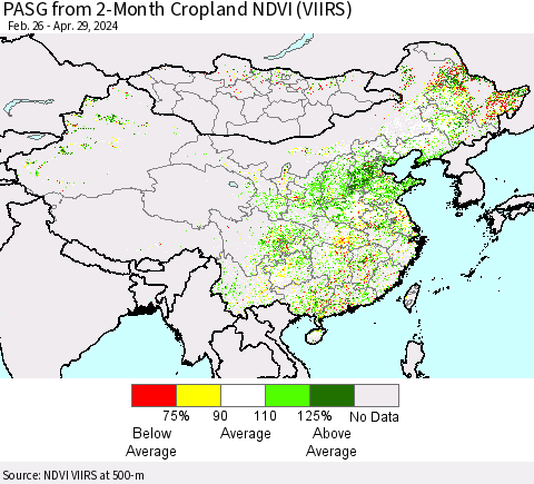 China, Mongolia and Taiwan PASG from 2-Month Cropland NDVI (VIIRS) Thematic Map For 4/22/2024 - 4/29/2024