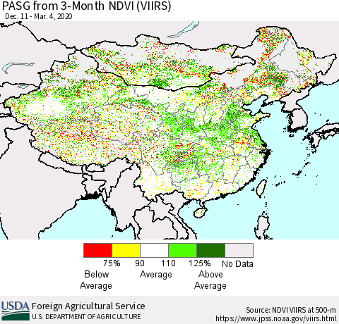 China, Mongolia and Taiwan PASG from 3-Month NDVI (VIIRS) Thematic Map For 3/1/2020 - 3/10/2020