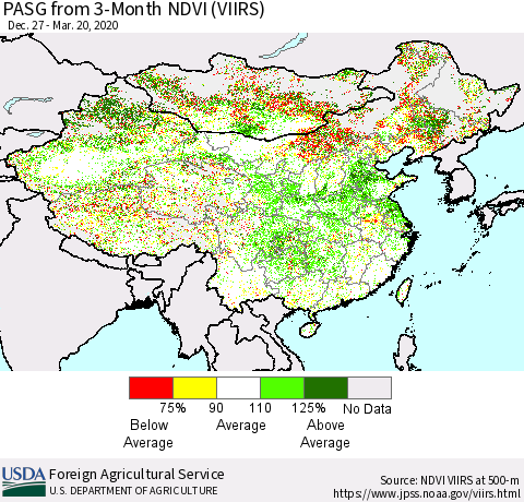 China, Mongolia and Taiwan PASG from 3-Month NDVI (VIIRS) Thematic Map For 3/11/2020 - 3/20/2020