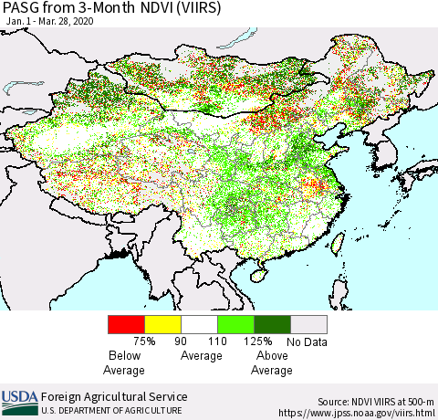 China, Mongolia and Taiwan PASG from 3-Month NDVI (VIIRS) Thematic Map For 3/21/2020 - 3/31/2020