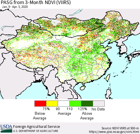 China, Mongolia and Taiwan PASG from 3-Month NDVI (VIIRS) Thematic Map For 4/1/2020 - 4/10/2020