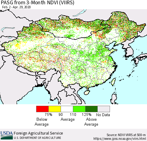 China, Mongolia and Taiwan PASG from 3-Month NDVI (VIIRS) Thematic Map For 4/21/2020 - 4/30/2020