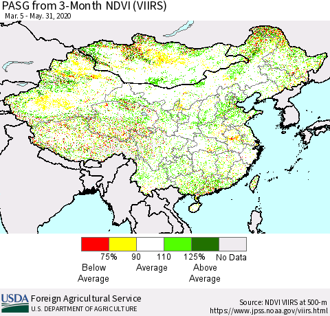 China, Mongolia and Taiwan PASG from 3-Month NDVI (VIIRS) Thematic Map For 5/21/2020 - 5/31/2020