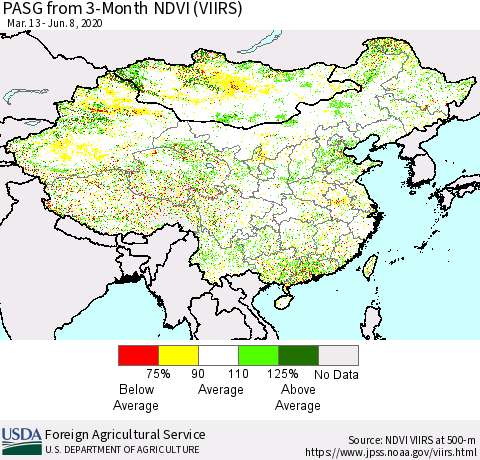 China, Mongolia and Taiwan PASG from 3-Month NDVI (VIIRS) Thematic Map For 6/1/2020 - 6/10/2020
