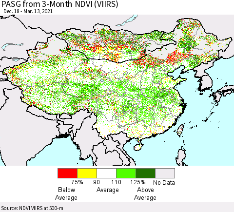 China, Mongolia and Taiwan PASG from 3-Month NDVI (VIIRS) Thematic Map For 3/6/2021 - 3/13/2021