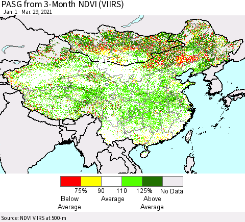China, Mongolia and Taiwan PASG from 3-Month NDVI (VIIRS) Thematic Map For 3/22/2021 - 3/29/2021