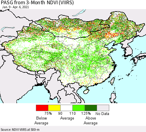 China, Mongolia and Taiwan PASG from 3-Month NDVI (VIIRS) Thematic Map For 3/30/2021 - 4/6/2021