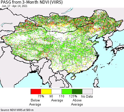 China, Mongolia and Taiwan PASG from 3-Month NDVI (VIIRS) Thematic Map For 4/7/2021 - 4/14/2021