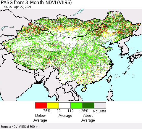 China, Mongolia and Taiwan PASG from 3-Month NDVI (VIIRS) Thematic Map For 4/15/2021 - 4/22/2021