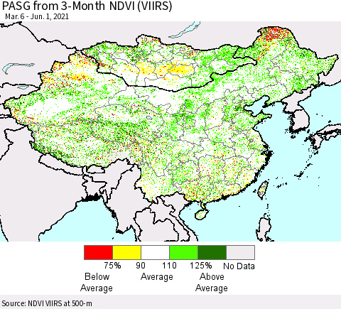 China, Mongolia and Taiwan PASG from 3-Month NDVI (VIIRS) Thematic Map For 5/25/2021 - 6/1/2021