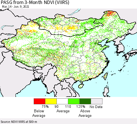 China, Mongolia and Taiwan PASG from 3-Month NDVI (VIIRS) Thematic Map For 6/2/2021 - 6/9/2021