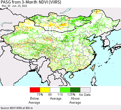 China, Mongolia and Taiwan PASG from 3-Month NDVI (VIIRS) Thematic Map For 6/18/2021 - 6/25/2021