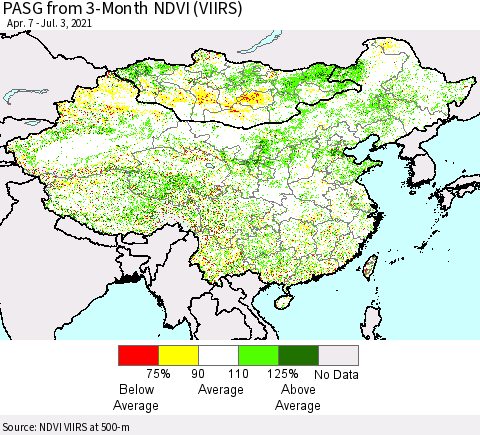 China, Mongolia and Taiwan PASG from 3-Month NDVI (VIIRS) Thematic Map For 6/26/2021 - 7/3/2021