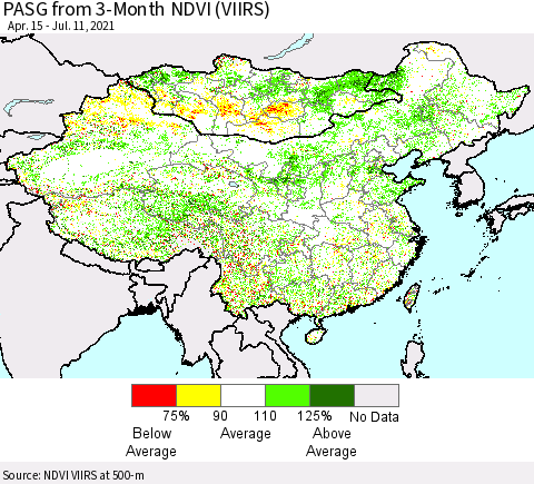 China, Mongolia and Taiwan PASG from 3-Month NDVI (VIIRS) Thematic Map For 7/4/2021 - 7/11/2021