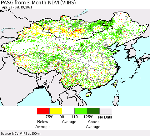 China, Mongolia and Taiwan PASG from 3-Month NDVI (VIIRS) Thematic Map For 7/12/2021 - 7/19/2021