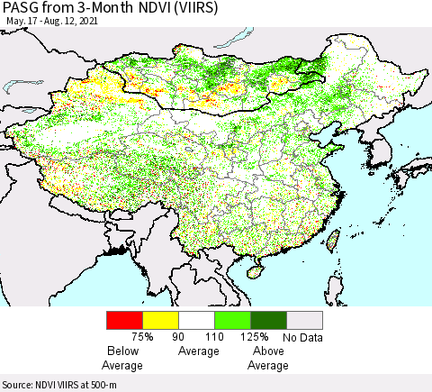 China, Mongolia and Taiwan PASG from 3-Month NDVI (VIIRS) Thematic Map For 8/5/2021 - 8/12/2021