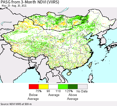 China, Mongolia and Taiwan PASG from 3-Month NDVI (VIIRS) Thematic Map For 8/13/2021 - 8/20/2021