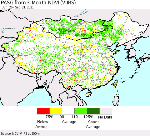 China, Mongolia and Taiwan PASG from 3-Month NDVI (VIIRS) Thematic Map For 9/14/2021 - 9/21/2021
