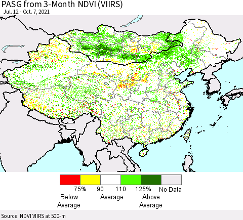 China, Mongolia and Taiwan PASG from 3-Month NDVI (VIIRS) Thematic Map For 9/30/2021 - 10/7/2021