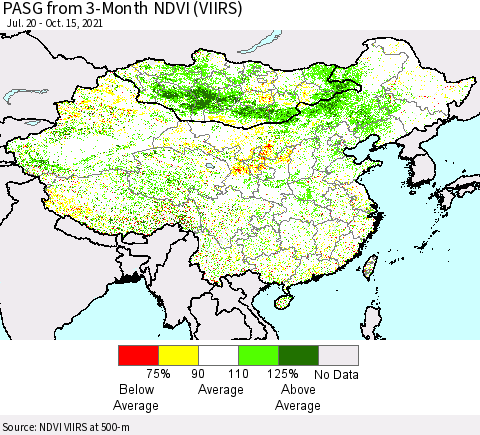 China, Mongolia and Taiwan PASG from 3-Month NDVI (VIIRS) Thematic Map For 10/8/2021 - 10/15/2021