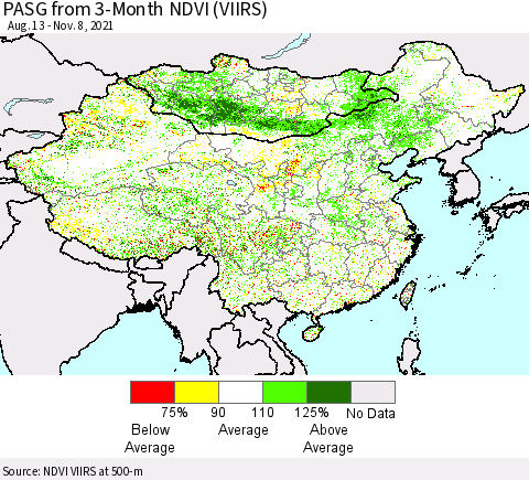 China, Mongolia and Taiwan PASG from 3-Month NDVI (VIIRS) Thematic Map For 11/1/2021 - 11/8/2021