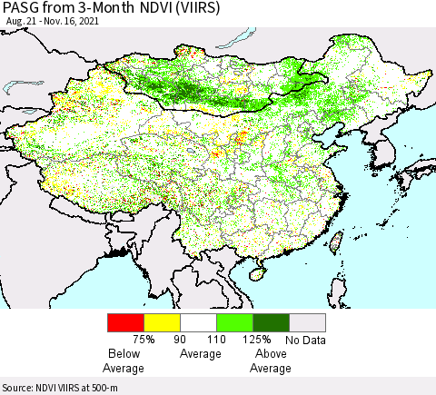 China, Mongolia and Taiwan PASG from 3-Month NDVI (VIIRS) Thematic Map For 11/9/2021 - 11/16/2021