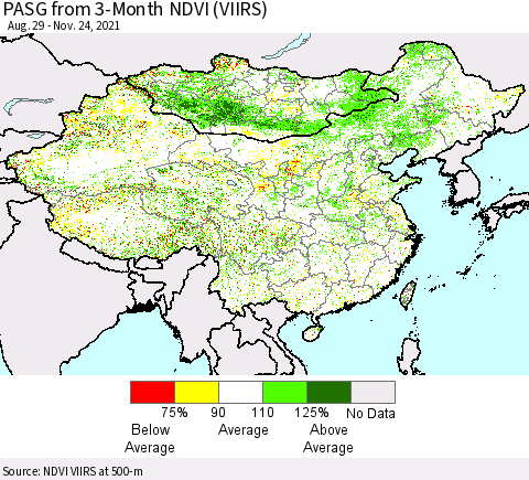 China, Mongolia and Taiwan PASG from 3-Month NDVI (VIIRS) Thematic Map For 11/17/2021 - 11/24/2021