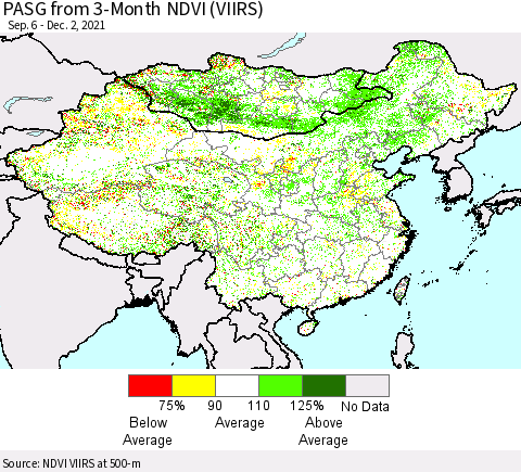 China, Mongolia and Taiwan PASG from 3-Month NDVI (VIIRS) Thematic Map For 11/25/2021 - 12/2/2021