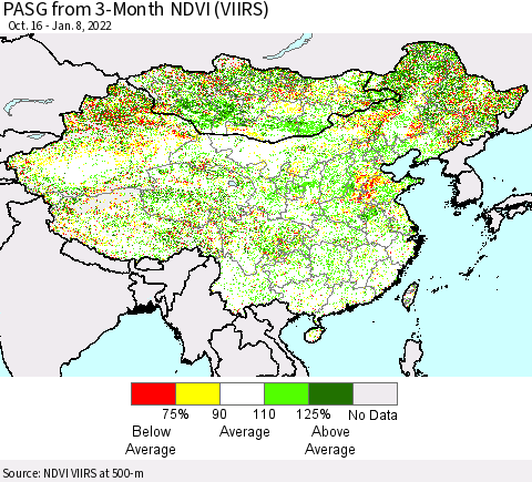 China, Mongolia and Taiwan PASG from 3-Month NDVI (VIIRS) Thematic Map For 1/1/2022 - 1/8/2022