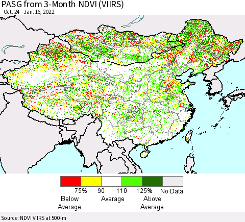 China, Mongolia and Taiwan PASG from 3-Month NDVI (VIIRS) Thematic Map For 1/9/2022 - 1/16/2022