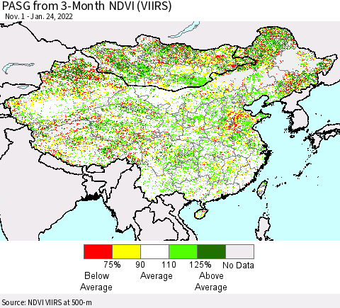 China, Mongolia and Taiwan PASG from 3-Month NDVI (VIIRS) Thematic Map For 1/17/2022 - 1/24/2022