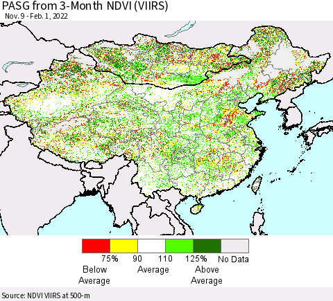 China, Mongolia and Taiwan PASG from 3-Month NDVI (VIIRS) Thematic Map For 1/25/2022 - 2/1/2022