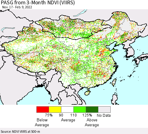 China, Mongolia and Taiwan PASG from 3-Month NDVI (VIIRS) Thematic Map For 2/2/2022 - 2/9/2022