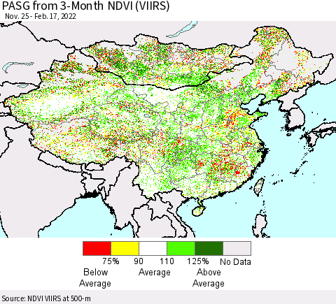 China, Mongolia and Taiwan PASG from 3-Month NDVI (VIIRS) Thematic Map For 2/10/2022 - 2/17/2022