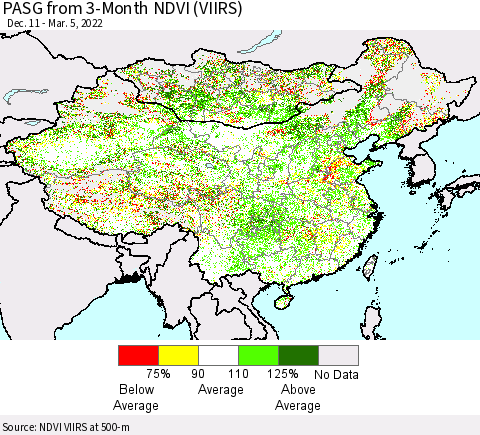 China, Mongolia and Taiwan PASG from 3-Month NDVI (VIIRS) Thematic Map For 2/26/2022 - 3/5/2022