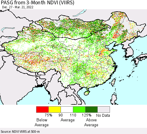 China, Mongolia and Taiwan PASG from 3-Month NDVI (VIIRS) Thematic Map For 3/14/2022 - 3/21/2022
