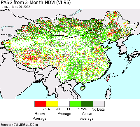 China, Mongolia and Taiwan PASG from 3-Month NDVI (VIIRS) Thematic Map For 3/22/2022 - 3/29/2022